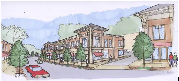 Artistic rendering of a brown building on a corner